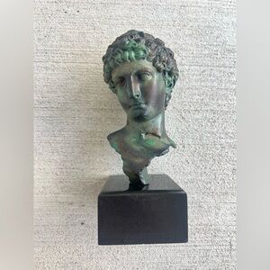 Vintage Classical Roman Greek Bust  on Black Base Green Bronze Finish 10” Tall